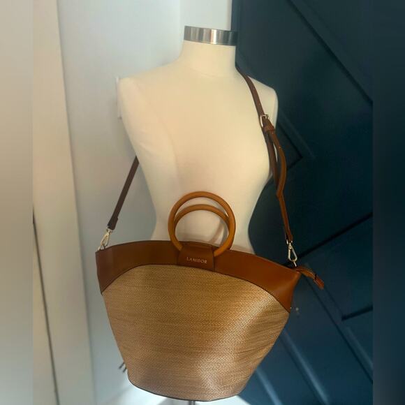 Lanidor Woven Satchel Purse w/ Leather Details Wood Top Handle Adjustabl… - Picture 6 of 9